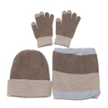 Detail showing knit texture and touchscreen fingertips on warm winter set in tricolor - Khaki