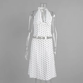 Detailed view of polka dot print texture and fabric on halter top and midi skirt set - S / White
