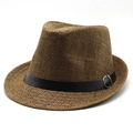 Detail of woven straw fedora featuring a black leather band and silver metal buckle - M(56-58cm) / Coffee