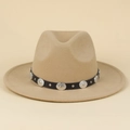 Khaki wool jazz fedora hat with wide brim and silver studded leather band decoration - M(56-58cm) / Apricot
