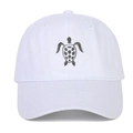 Minimalist white cotton baseball cap with embroidered turtle pattern on curved brim hat - White