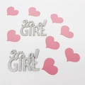 Baby shower confetti with silver glitter It's a Girl text and pink paper hearts - Silver GIRL + Pink Heart