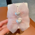 Detail of pink organza bow hair clips with white heart-shaped faux pearls for girls - Pink Bow Pair
