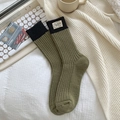 Winter wool blend rib-knit crew socks in army green and black with a cloth tag - One Size / 452 Green
