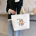 White canvas tote bag featuring a cute cartoon bear print and large capacity design - White Hugging Rabbit