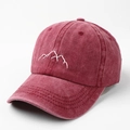 Detailed view of mountain embroidery on a washed burgundy vintage cotton baseball cap - Adjustable / Burgundy