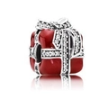 Red enamel gift box bead with sparkling silver bow for DIY jewelry bracelet - Red Enamel Gift Box (Rhinestone Bow)