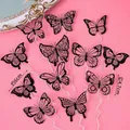 Set of 12 pink butterfly cake toppers with black texture patterns in two sizes - PVC Butterfly Style A Pure Black 12Pcs