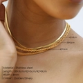 Detail showing layered gold stainless steel necklaces with sizes and material specs - Triple Chain With Snake Rope And Curb Style (CDNN080) / Gold