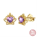 S925 sterling silver heart earrings with purple gemstone and crown detail in gold finish - Purple Heart Crown - Gold