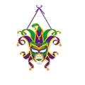Detail van Mardi Gras masker deurdecoratie met gouden bellen en paars zijden lint - Stijl 2