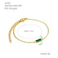 Golden titanium steel bracelet with rectangular emerald green gemstone and extension chain - Gold Rectangular Gemstone Bracelet (550-手链)