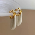 French vintage gold pleated C-shape earrings with long silver metal fringe tassels - Silver Pin - Gold - Silver