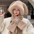 Set sciarpa e cappello con orecchie di coniglio in peluche kaki per l'inverno - Cachi