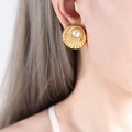 French vintage gold shell earrings with white pearl detail on female model's ear - White Imitation Pearl (Gold Tone)