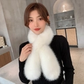 Thick white faux fox fur cross scarf for women with soft fluffy texture for winter - White