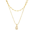 Gold double-layered stainless steel necklace featuring letter G pendant with clear crystals - Gold-Letter G