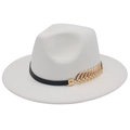 Detailed close-up of white wool fedora with black band and golden leaf charm - M(56-58cm) / White (Golden Leaf)