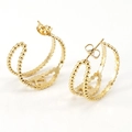 Golden double-row beaded earrings with a hollow circular geometric design on white background - Hollow Double Row Beaded (XRS-G-127) / Gold
