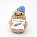 Detail of hand-knitted positive potato with blue hat and motivational message card - Khaki Potato With Blue Hat L Card