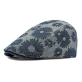 Vintage denim flat cap featuring dark blue daisy floral patterns on a grey base - Adjustable / Navy Blue