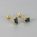 Macro shot of S925 silver screw stud earrings with gold finish and blue rectangle gems - Rectangular Screw Back / Royal Blue Rhinestone Gold Color