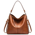 Dark brown minimalist hobo tote bag in lychee texture leather with gold hardware - Brown