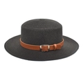 Classic black straw boater hat with elegant brown leather belt buckle for women - M / Black