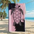 Pink microfiber beach towel featuring a large black sea turtle print on tropical background - B101-Pink and Black Turtle