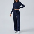 Dames 2-delige yoga-set met crop top lange mouwen en donkerblauwe broek met wijde pijpen - S / Marineblauw