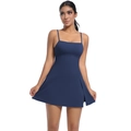 Detail view of navy blue athletic dress featuring slim straps and side slit hem - Navy Blue