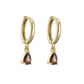 Close-up of gold drop earrings with pear-cut brown cubic zirconia and polished finish - Chocolate