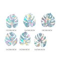 Detailed view of 6 monstera leaf rainbow prism window clings with size specifications - RPS018 Static Sticker: Monstera Leaf