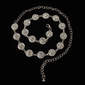 Detail of silver bohemian metal waist chain featuring carved coins and bell on black background - Silver Engraved Coin Bell (Style 8)