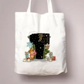 White canvas tote bag featuring Christmas letter T with reindeer and festive motifs - Letter T