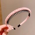 Pink woven fabric headband with non-slip black inner teeth for secure hair styling - Lotus root pink