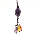 Handmade amethyst crystal pendant with colorful seven chakra tumbled stones in brown mesh - Amethyst