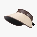 Visera de sol para mujer con ala de paja beige y ribete de cuero marrón oscuro UV - Marrón
