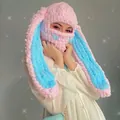 Pink and blue knitted bunny ear balaclava hat with soft chenille texture and star detail - Pink Blue Ears