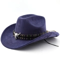 Détail d'un chapeau de cowboy violet avec décoration crâne de taureau et ruban tissé - M (56-58cm) / Bleu marine