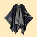 Detail of grey and navy knit shawl with ginkgo leaf patterns and fringe edges - Star Wish Navy Blue