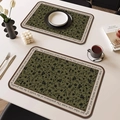 Waterproof dark olive green leather placemat set with black floral design and quotes - Square Rounded / 4 Pieces / French Vintage Style-O
