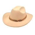 Macro view of beige wool felt fedora featuring a decorative thick gold chain band detail - M (56-58cm) / Beige