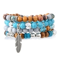 Close-up of multilayered beaded bracelet with wood, turquoise, and silver feather charm - Gray Stone Feather Pendant (59)