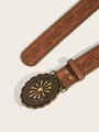 Ceinture en cuir marron avec relief floral, clous et boucle vintage ovale - 123CM / 1527# Bouton-pression en bronze antique (cuir gaufré) Perles latérales en bronze