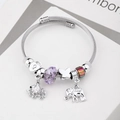 Silver beaded bracelet with purple crystal, elephant pendant, and heart lock detail - C1-014 Purple