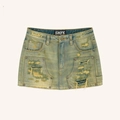 Vintage light blue distressed denim mini skirt with heavy fraying and ripped details - S / Cheese Color