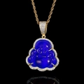 Deep blue opal Buddha pendant with white zircon halo on golden rope chain - Gold Royal Blue Stone / 18 Inch 3mm Rope Chain