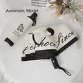 Automatic folding cream and black umbrella with rose pattern and bow decoration - 3-Fold Automatic Style - French Rose