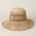 Wide brim raffia sun hat with elegant wavy edges for summer outdoor beach protection - M(56-58cm) / Natural Raffia